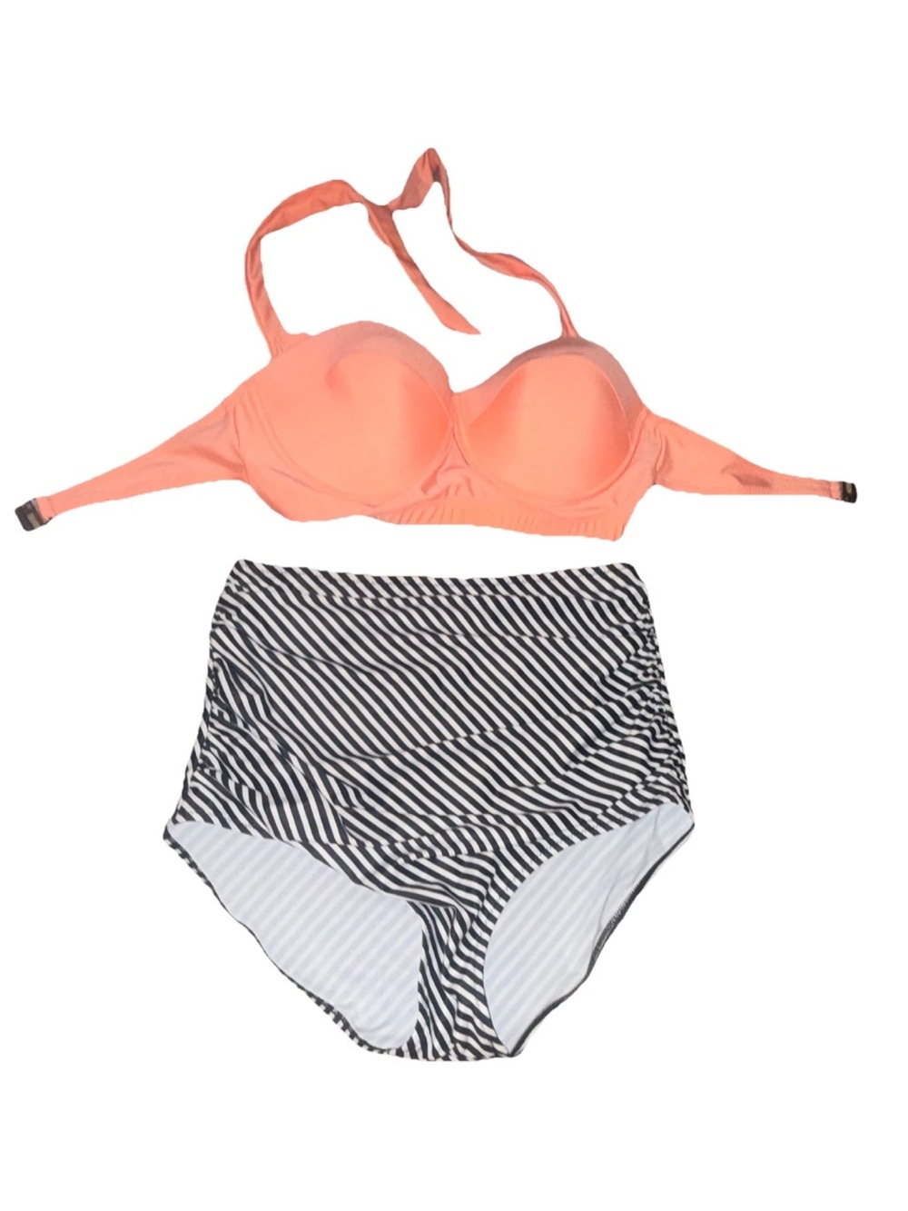 Coral Halter Bikini Top with Black & White High-Waist Stripe Bottom